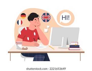 Learn foreign language. Young guy sits in front of computer and looks at flags of Britain, Germany and France. Distance education and training. Poster or banner. Cartoon flat vector illustration