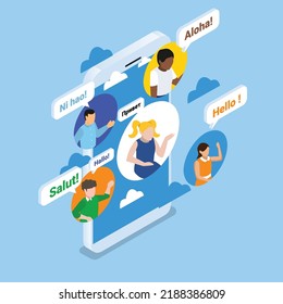 Learn foreign languages on mobile phone isometric 3d vector illustration concept for banner, website, illustration, landing page, flyer, etc.