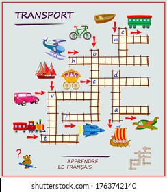 LEARN FRENCH. Crossword puzzle game with transport. Educational page for children to study French language and words. Printable worksheet for kids textbook. School exercise book. Flat vector.