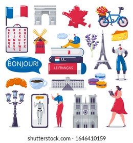 Learn French foreign language vector illustrations set for language school. Bubble with word bonjour, France symbols croissant, Eiffel Tower, french alphabet and map, dictionaries book and frenchman.