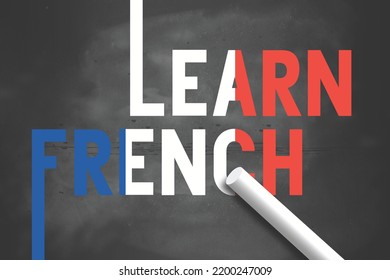Learn French with France flag color on chalkboard, 3d rendering
