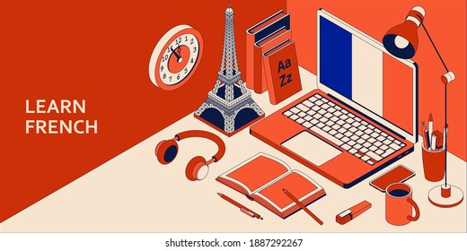 Learn French isometric concept with open laptop, books, headphones, and coffee. Vector illustration