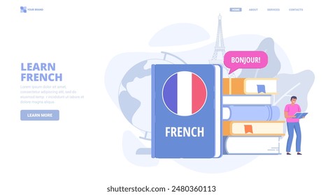 Learn French language online, foreign language courses, self education. Design concept for landing page. Flat vector illustration with tiny characters for website, print, banner.