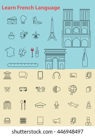 Learn French Language. Set of icons on the theme of France and language learning