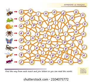 LEARN FRENCH. Logic puzzle game for study French with labyrinth. Find the way from each insect and join letters so you can read the words. Printable worksheet for textbook. Page for brain teaser book