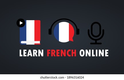 Learn French online banner. Video course, distance education, web seminar, internet class. Vector EPS 10. Isolated on background