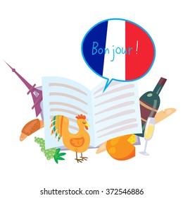 Learn French vector banner for language school with bubble with word "Bonjour"(Hello). With France symbols: croissant, Eiffel Tower, wine, cock, baguette, perfume, Camembert cheese and other elements.