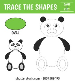 Learn geometric shapes  - oval. Preschool worksheet for practicing motor skills. Panda of geometric shapes. Tracing dashed lines. Vector illustration