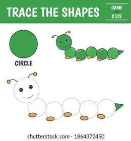 Learn geometric shapes  - oval. Preschool worksheet for practicing motor skills. Caterpillar of geometric shapes. Tracing dashed lines. Vector illustration