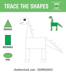 Learn geometric shapes  - triangle, oval and rectangle . Preschool worksheet for practicing motor skills. Dinosaur of geometric shapes. Tracing dashed lines. Vector illustration