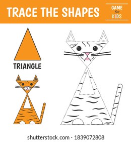 Aprender formas geométricas - triángulo. Hoja de trabajo preescolar para practicar habilidades motoras. Tigre de formas geométricas. Rastreo de líneas discontinuas. Ilustración del vector