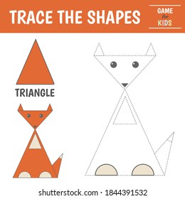 Lernen Sie geometrische Formen - Dreieck. Vorschulblatt zum Üben von motorischen Fähigkeiten. Fuchs geometrischer Formen. Rückverfolgung von gestrichenen Linien. Vektorgrafik