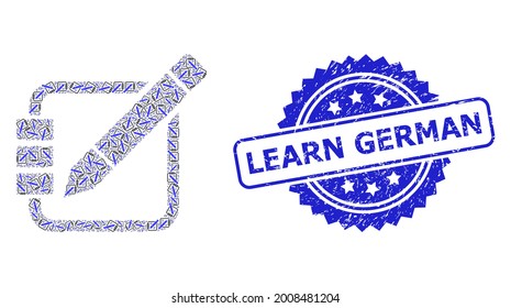 Learn German grunge seal and vector recursive mosaic edit records. Blue seal contains Learn German title inside rosette. Vector mosaic is done of randomized rotated edit records pictograms.