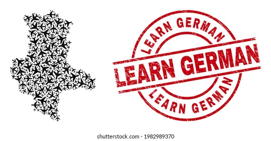 Learn German grunged stamp, and Saxony-Anhalt Land map collage of jet vehicle elements. Collage Saxony-Anhalt Land map designed with jet vehicles. Red badge with Learn German tag,
