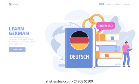 Lernen Sie online Deutsch, Fremdsprachenkurse, Selbstbildung. Entwurfskonzept für Zielseite. Flache Vektorillustration mit winzigen Zeichen für Website, Druck, Banner.