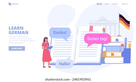 Learn German language online, foreign language courses, self education. Design concept for landing page. Flat vector illustration with tiny characters for website, print, banner.