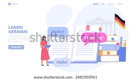 Learn German language online, foreign language courses, self education. Design concept for landing page. Flat vector illustration with tiny characters for website, print, banner.