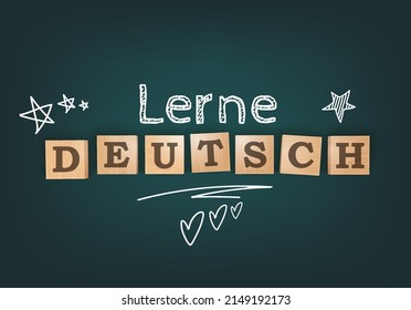 Learn German. Lerne Deutsch. Language Courses Template Background. Chalkboard Desk With Wooden Letters Blocks. Vector Editable Illustration