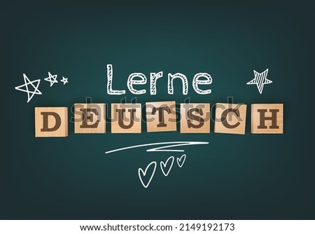 Learn German. Lerne Deutsch. Language Courses Template Background. Chalkboard Desk With Wooden Letters Blocks. Vector Editable Illustration