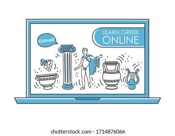 Learn the Greek language online. Doodle Greek symbols on the laptop screen. Internet course for the language learning. Famous Athens attractions in the line style. Distant and home education concept.