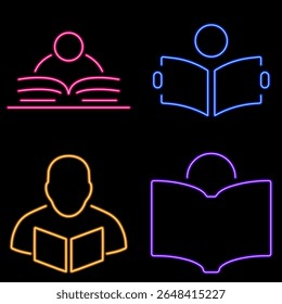 learn group of neon icons, vector illustration on black background.