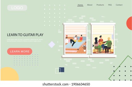 Learn to guitar play landing page template with people sing songs and play guitar view through window. Young couple, group of friends relax, teach melodies, playing musical instruments stay at home