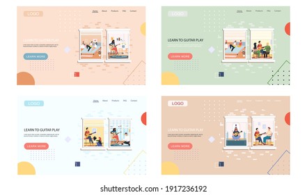 Learn to guitar play landing page template with people are fond of music, sing songs play guitar. Set of four scenes, group of friends relax, teach melodies, playing musical instruments stay at home