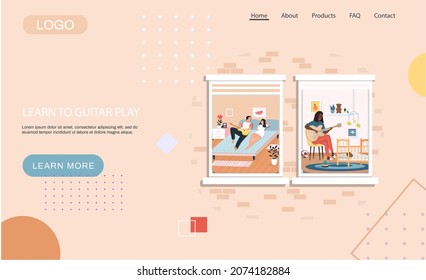 Learn To Guitar Play Landing Page Template With Young People Are Passionate About Music And Singing Songs Man Playing Guitar Lies At Home On Bed With Girl Resting, Mom Sings Lullaby For Baby In Crib