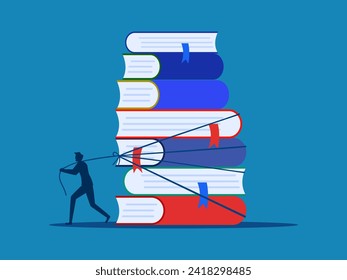 Learn hard. Businessman dragging stacks of books vector