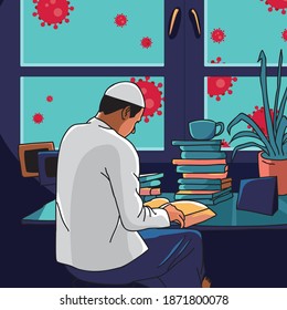 learn from home - illustration of a muslim in white clothes reading a book beside the window, and outside there is a corona virus