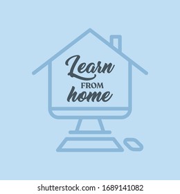 Learn at home text in computer screen illustration. E-learning  message for quarantine times in coronavirus pandemic outbreak. Online education symbol. 