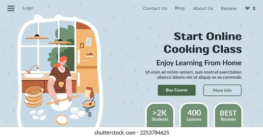 Learn how to cook and start an online cooking class. Lessons and tips for beginners, buy course and study from home. Website landing page template, online internet page. Vector in flat style