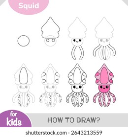 Aprenda a desenhar uma lula bonito no guia passo-a-passo para crianças. Atividade de desenho simples para os amantes da vida marinha e pequenos ilustradores. Planilha de desenho animado vetorial