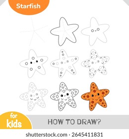 Learn how to draw a cute starfish with easy step-by-step guide. A fun sea-themed activity for preschoolers and young learners. Vector cartoon worksheet