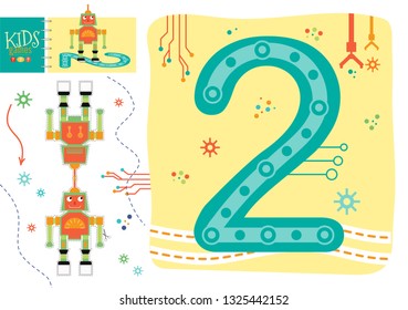 Learn how to write number 2 for preschool kids vector illustration, game. Cut and glue robot toy and worksheet with numeral symbol two. Futuristic wallpaper for children 