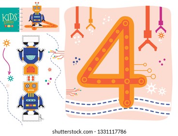Learn how to write number 4 for preschool kids vector illustration, game. Cut and glue robot toy and worksheet with numeral symbol four. Futuristic wallpaper for children 