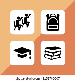 learn icon. 4 learn set with book, backpack, mortarboard and classroom vector icons for web and mobile app