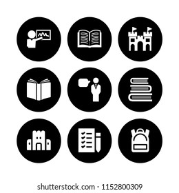 learn icon. 9 learn set with book, school, books stack from top view and backpack vector icons for web and mobile app