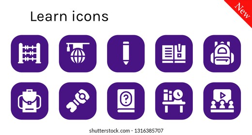 learn icon set. 10 filled learn icons.  Simple modern icons about  - Abacus, Learning, Pencil, Manual, Backpack, Stem, Bookshelf