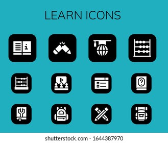 learn icon set. 12 filled learn icons. Included Manual, Abacus, Pencil, Learning, Backpack icons