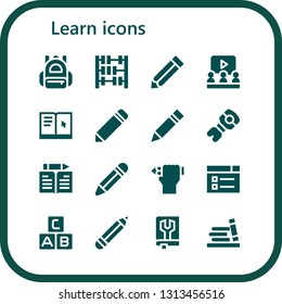 learn icon set. 16 filled learn icons.  Collection Of - Backpack, Abacus, Pencil, Learning, Stem, Learn, Abc, Manual, Bookshelf