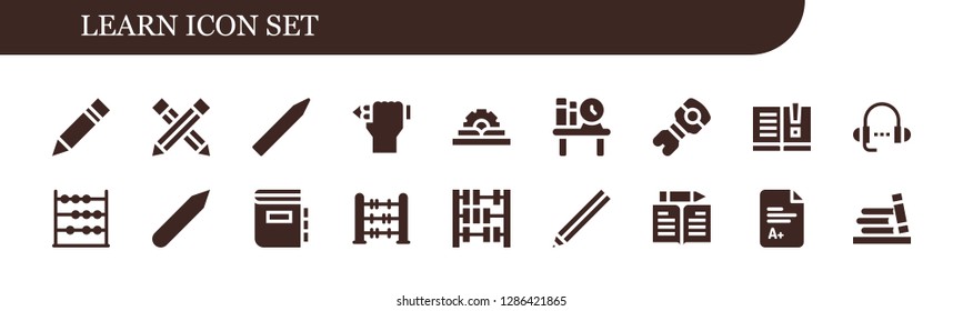  learn icon set. 18 filled learn icons. Simple modern icons about  - Pencil, Manual, Bookshelf, Stem, Lesson, Abacus, Dictionary, Learn, Exam