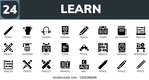 learn icon set. 24 filled learn icons.  Collection Of - Pencil, Lesson, Manual, Learn, Dictionary, Abacus, Learning, Trick, Exam, Bookshelf, Pencils, Abc