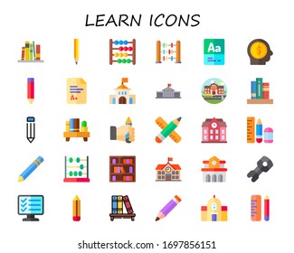 learn icon set. 30 flat learn icons.  Simple modern icons such as: bookshelf, pencil, abacus, vocabulary, head, exam, university, school, Pencil, stem