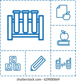 Learn icon. set of 6 learn outline icons such as pencil, ABC cube, paper and apple, connected phone, apple on book