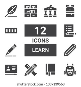 learn icon set. Collection of 12 filled learn icons included Backpack, Manual, Pencil, Tutorial, Exam, Bookshelf, Book shelf, Write, University