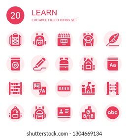 learn icon set. Collection of 20 filled learn icons included Backpack, Pencil, Write, Manual, Dictionary, Abacus, Translation, Book shelf, School, Tutorial, Abc
