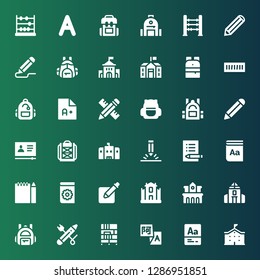 learn icon set. Collection of 36 filled learn icons included School, Vocabulary, Translation, Bookcase, Pencil, Backpack, University, Manual, Dictionary, Exam, Tutorial, Book shelf