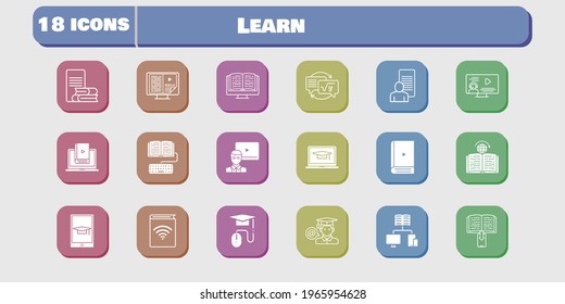 learn icon set. included audiobook, study, homework, learn, learning, ebook, teacher, student-laptop, student, instructor icons on white background. linear, filled styles.