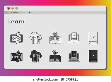 learn icon set. included cloud, ebook, test, learn, learning icons on white background. linear, filled styles.